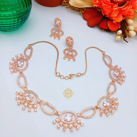 American Diamond Rose Gold Jewellery Set With Earrings.