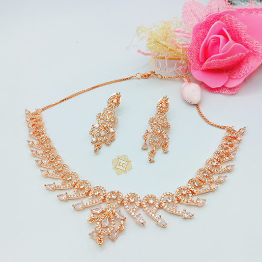 American Diamond Rose Gold Jewellery Set With Earrings.