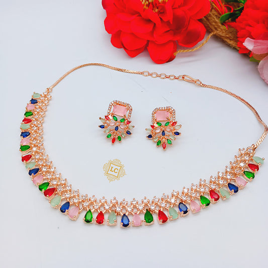 American Diamond Rose Gold Jewellery Set With Earrings.