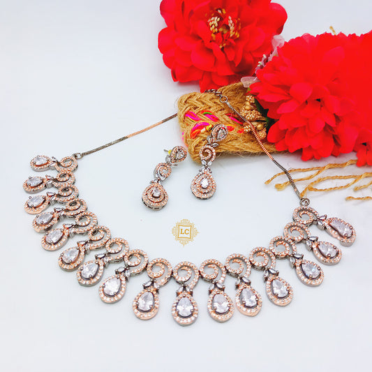 American Diamond Dual Tone Rose Gold and Silver Jewellery Set With Earrings.