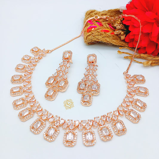 American Diamond Rose Gold Jewellery Set With Earrings.