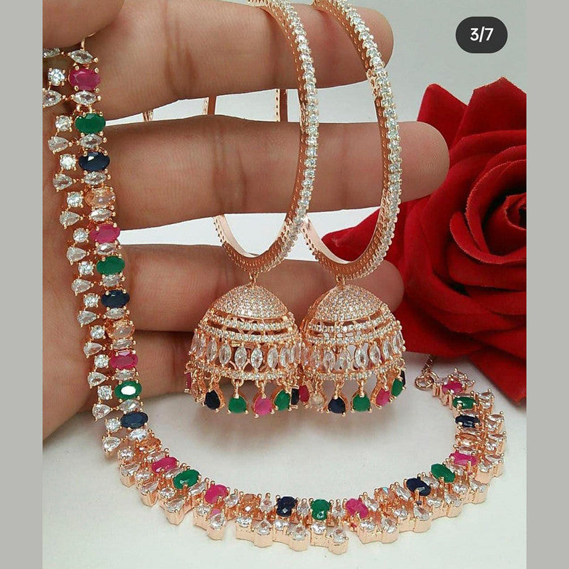 American Diamond Rose Gold Jewellery Set With Earrings with Maangtikka