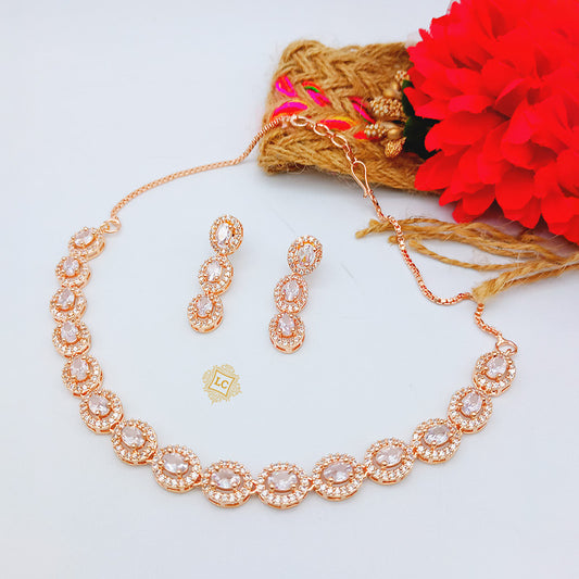 American Diamond Rose Gold Jewellery Set With Earrings.