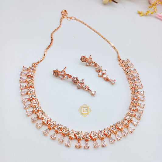 American Diamond Rose Gold Jewellery Set With Earrings.