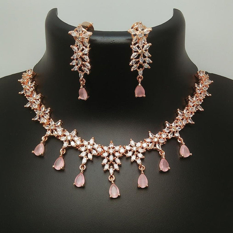 American Diamond Rose Gold Jewellery Set With Earrings.