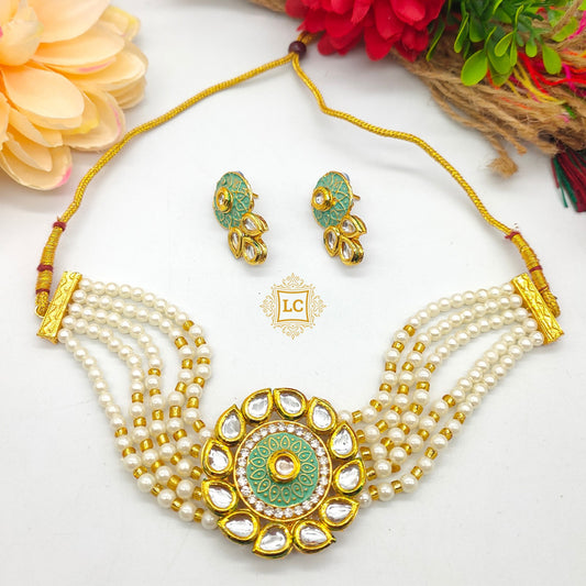 Elegant Kundan & Pearls Choker Necklace Set with Matching Earrings