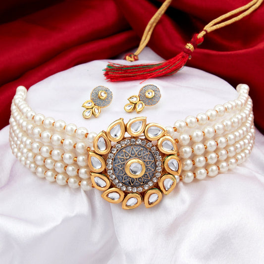 Elegant Kundan & Pearls Choker Necklace Set with Matching Earrings