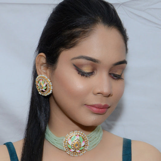 Meenakari & Beads Choker Necklace Set with Earrings
