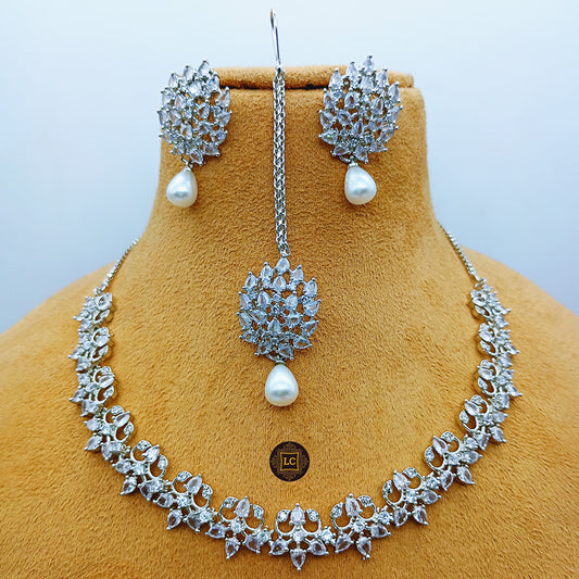 American Diamond Silver Jewellery Set With Earrings and Maangtikka.