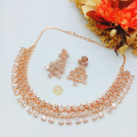 American Diamond Rose Gold Jewellery Set With Earrings.