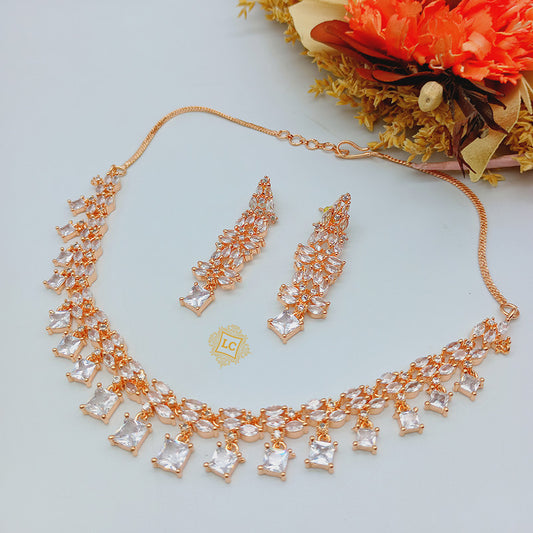 American Diamond Rose Gold Jewellery Set With Earrings.