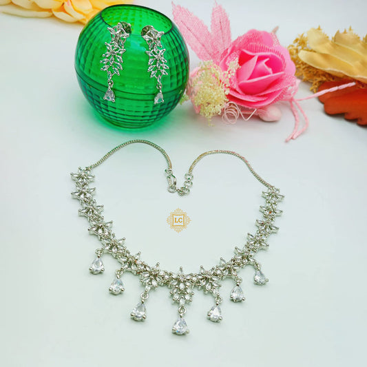 Silver Plated Cubic Zirconia & American Diamond Jewellery Set With Earrings.