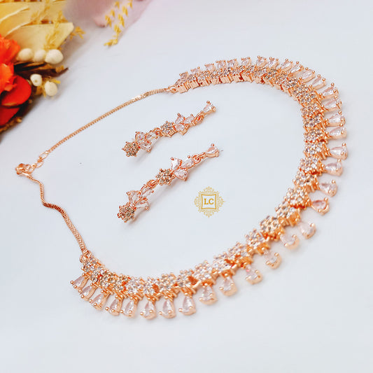 American Diamond Rose Gold Jewellery Set With Earrings.