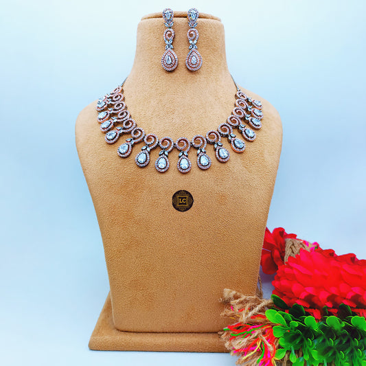 American Diamond Dual Tone Rose Gold and Silver Jewellery Set With Earrings.