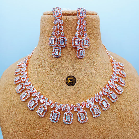 American Diamond Rose Gold Jewellery Set With Earrings.