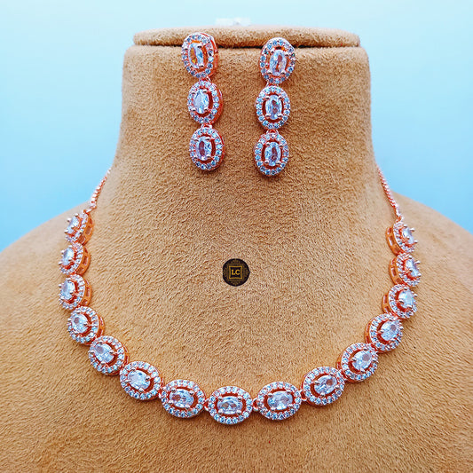 American Diamond Rose Gold Jewellery Set With Earrings.