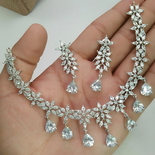 American Diamond Silver Jewellery Set With Earrings.