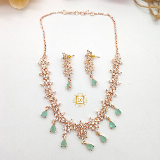 American Diamond Rose Gold Jewellery Set With Earrings.