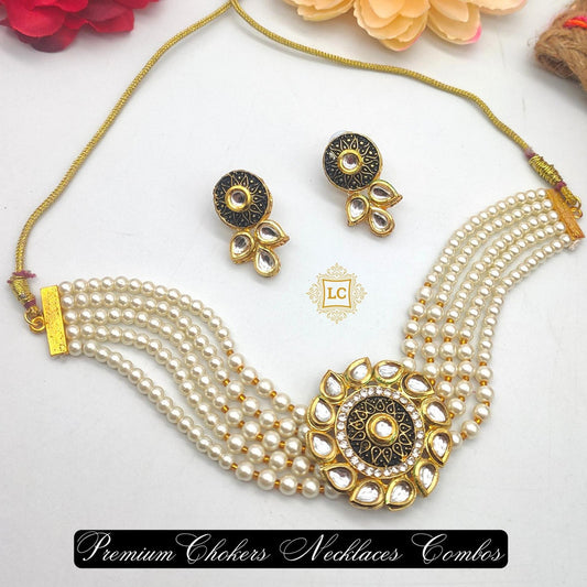 Elegant Kundan & Pearls Choker Necklace Set with Matching Earrings