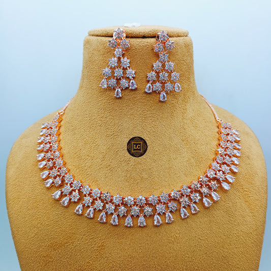 American Diamond Rose Gold Jewellery Set With Earrings.