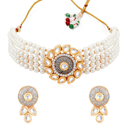Elegant Kundan & Pearls Choker Necklace Set with Matching Earrings