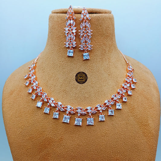 American Diamond Rose Gold Jewellery Set With Earrings.