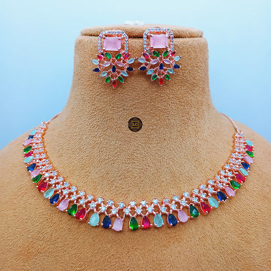 American Diamond Rose Gold Jewellery Set With Earrings.