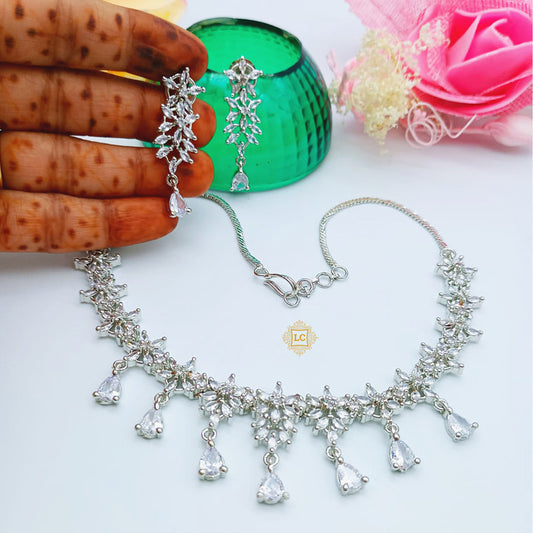 Silver Plated Cubic Zirconia & American Diamond Jewellery Set With Earrings.