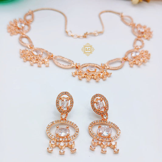 American Diamond Rose Gold Jewellery Set With Earrings.