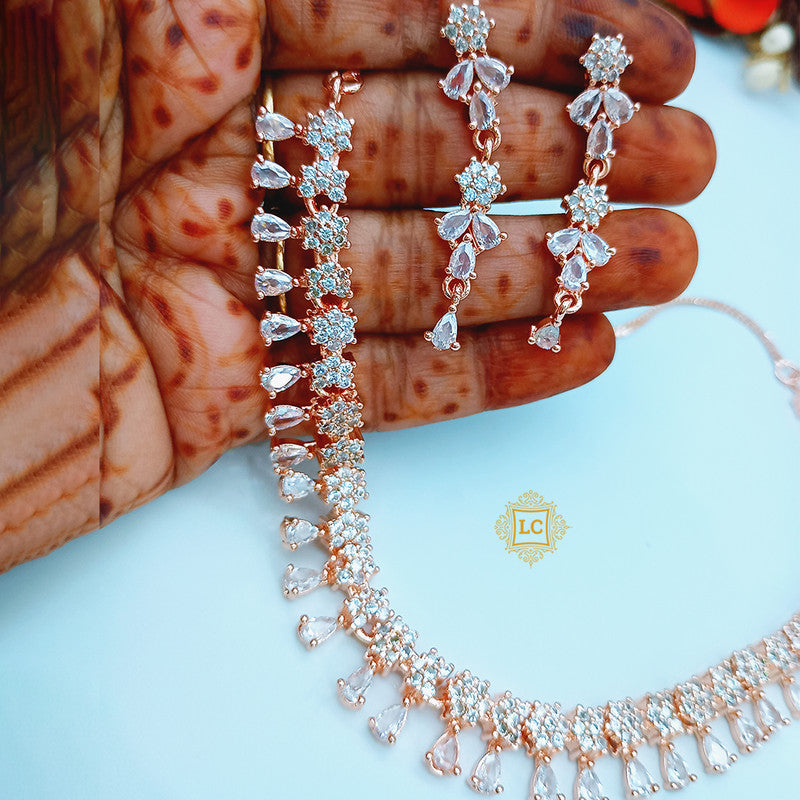 American Diamond Rose Gold Jewellery Set With Earrings.