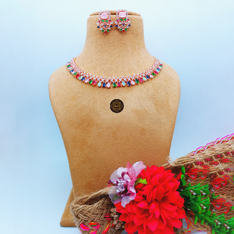 American Diamond Rose Gold Jewellery Set With Earrings.