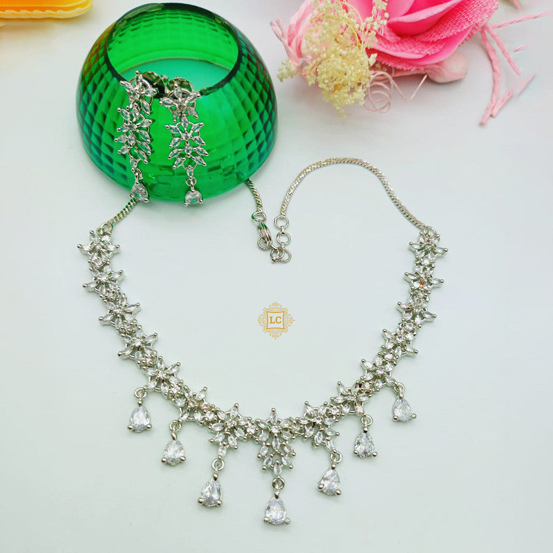 Silver Plated Cubic Zirconia & American Diamond Jewellery Set With Earrings.