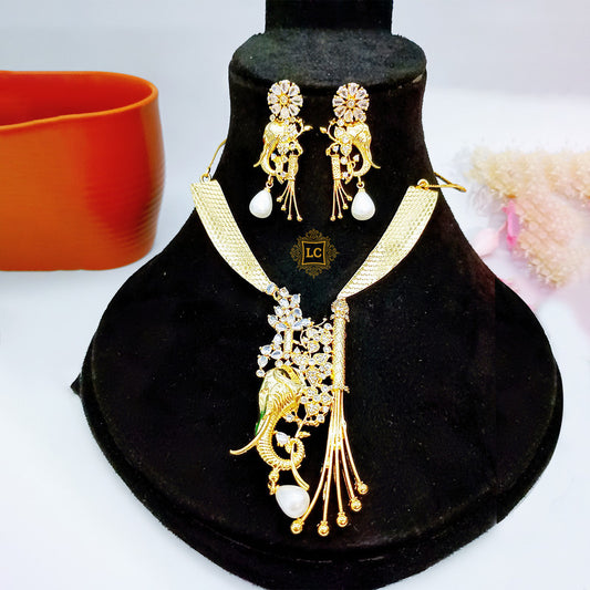 American Diamond Gold Jewellery Set With Earrings.