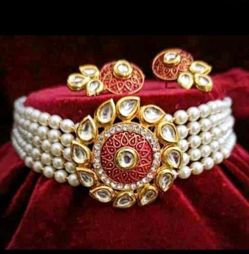 Elegant Kundan & Pearls Choker Necklace Set with Matching Earrings