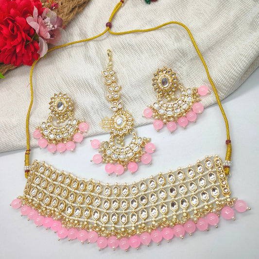 Kundan Beads Gold Plated Choker Necklace Set with Earrings and Maangtikka.