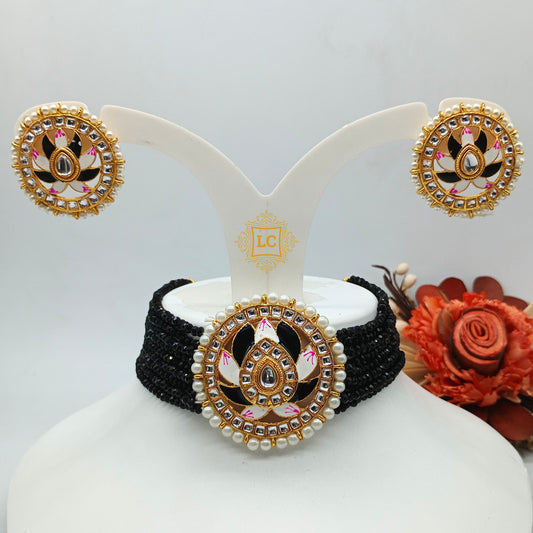Meenakari & Beads Black Choker Necklace Set with Earrings