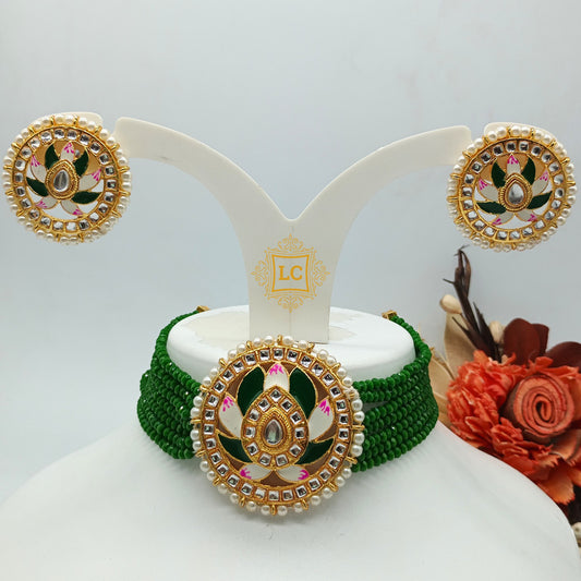 Meenakari & Beads Choker Necklace Set with Earrings