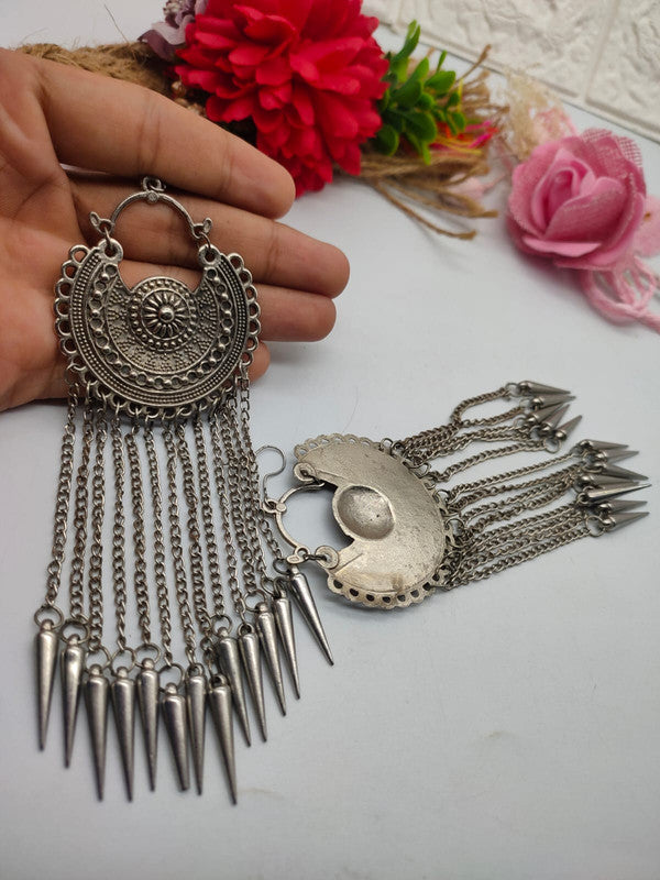 Oxidized Silver Earrings with Tribal Tassel and Spike Drop
