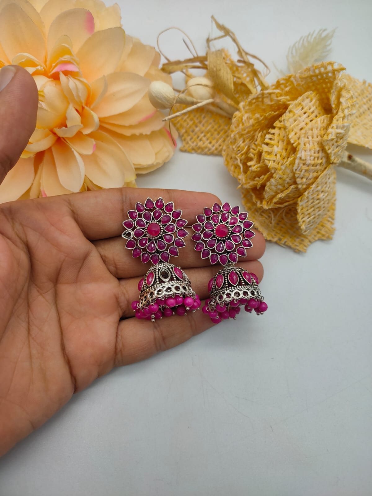 Oxidized Jhumka Earrings: Pink Floral Design with Beads