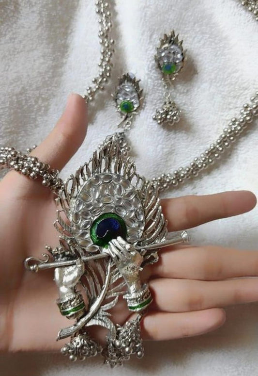 Krishna Flute Pendant Necklace and Earrings Set - Silver Oxidized Plating