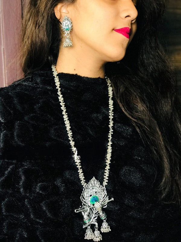 Krishna Flute Pendant Necklace and Earrings Set - Silver Oxidized Plating