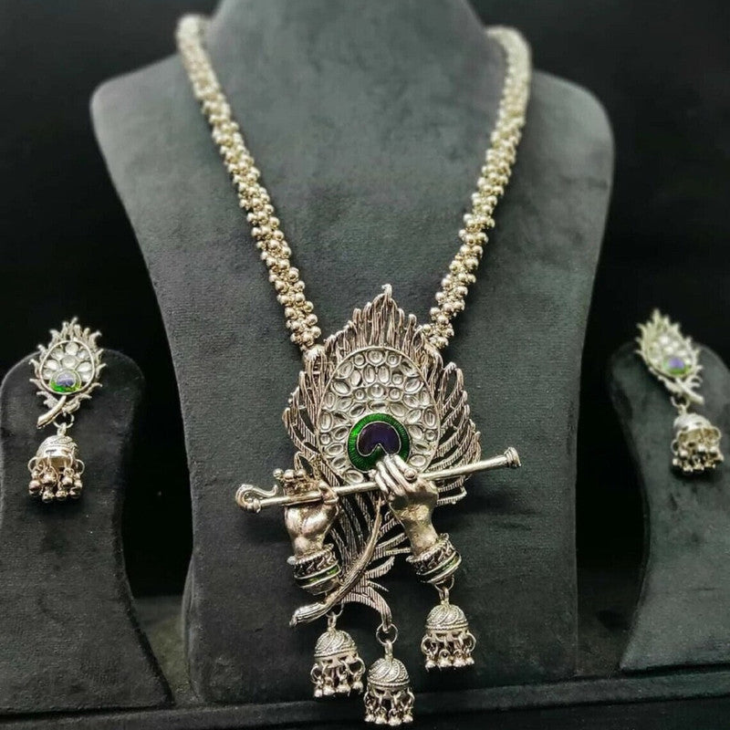 Krishna Flute Pendant Necklace and Earrings Set - Silver Oxidized Plating
