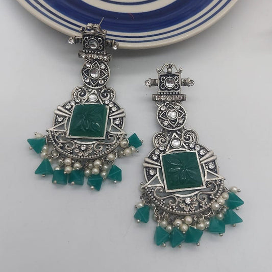 LC Jewelz Oxidized Silver Earrings with Red Stone and Pearl Drops