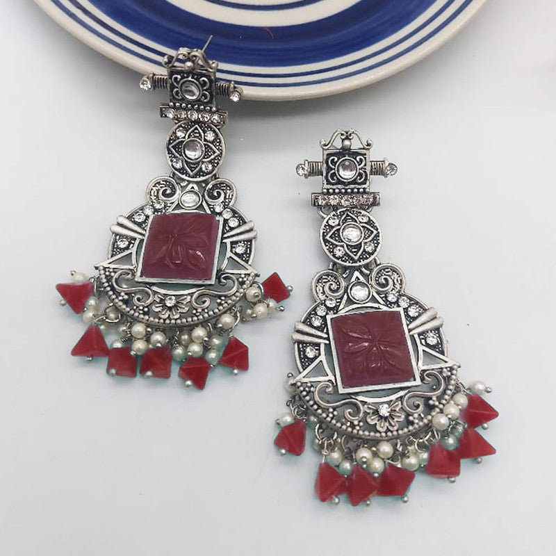 LC Jewelz Oxidized Silver Earrings with Red Stone and Pearl Drops