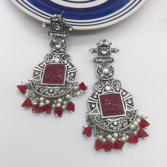 LC Jewelz Oxidized Silver Earrings with Red Stone and Pearl Drops