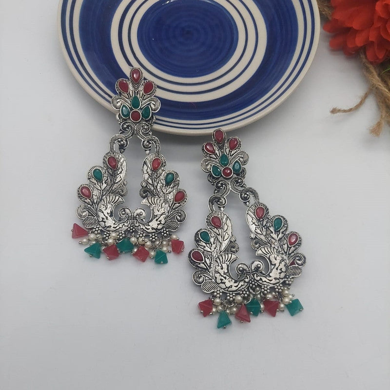 Oxidized Silver Peacock Earrings with Red and Green Stones