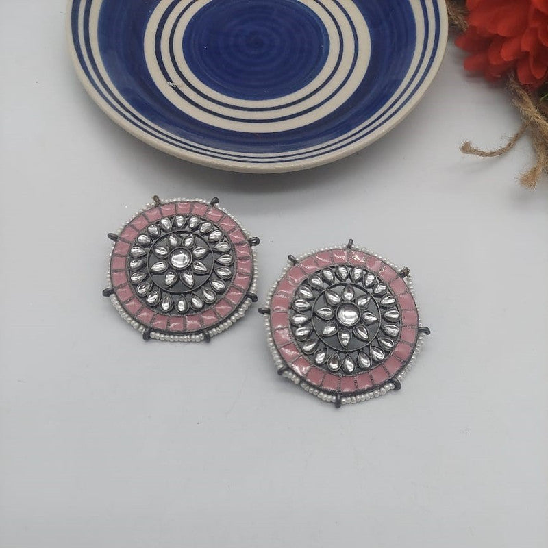 Oxidized Silver Pink Enamel Round Earrings