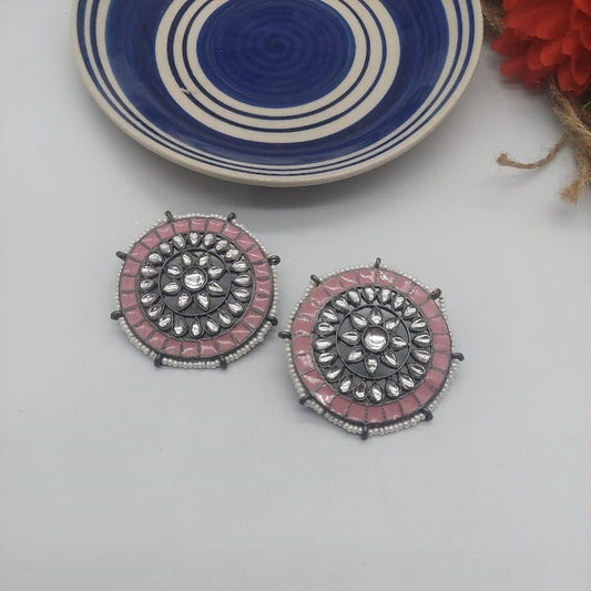 Oxidized Silver Pink Enamel Round Earrings