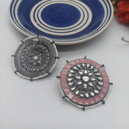 Oxidized Silver Pink Enamel Round Earrings