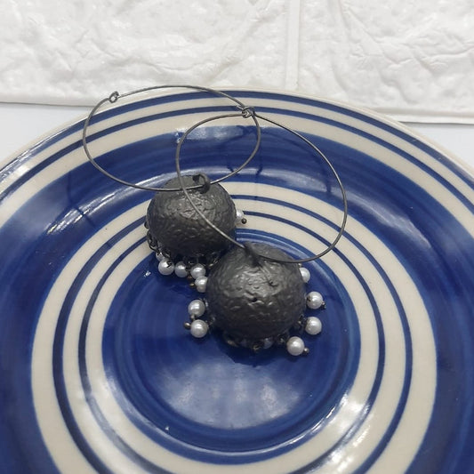 Oxidized Silver Hoop Earrings with Pearl Jhumka